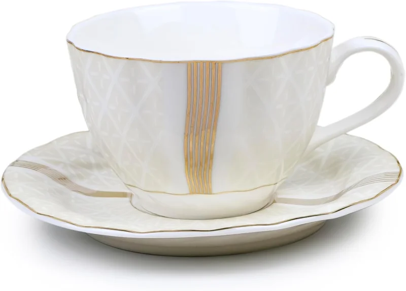 Shallow Shallow Porcelain Amara Tea Cup & Saucer Set, 220ml (6 Cups, 6 Saucer, White) || Luxurious Tea Cup, Coffee Cup